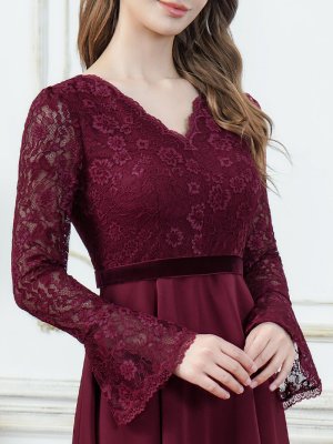 画像4: [送料無料][SETTAN]ワインレッド・ホワイト・ワンカラー・レース・サテン・Vネック・長袖・ベルスリーブ・ミディアムドレス・ワンピース[即日発送][大きいサイズあり]