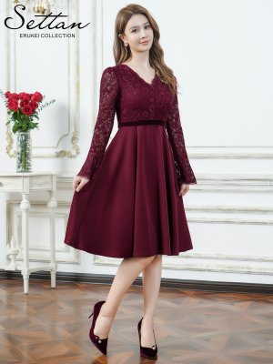 画像5: [送料無料][SETTAN]ワインレッド・ホワイト・ワンカラー・レース・サテン・Vネック・長袖・ベルスリーブ・ミディアムドレス・ワンピース[即日発送][大きいサイズあり]