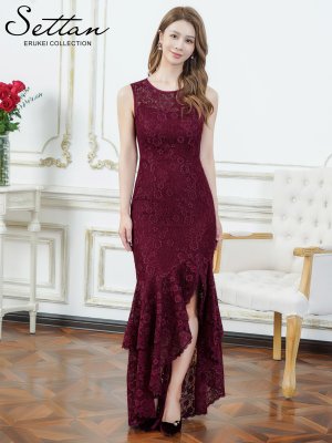 画像1: [送料無料][SETTAN]ワインレッド・総レース・シアー・ノースリーブ・エレガント・スリット・変形ヘム・フィッシュテール・タイト・マーメイド・ロングドレス[即日発送][大きいサイズあり]