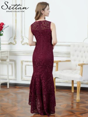 画像3: [送料無料][SETTAN]ワインレッド・総レース・シアー・ノースリーブ・エレガント・スリット・変形ヘム・フィッシュテール・タイト・マーメイド・ロングドレス[即日発送][大きいサイズあり]