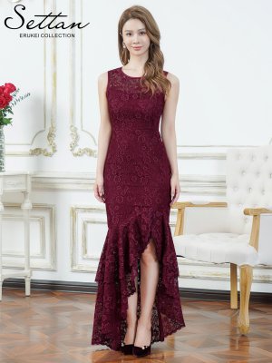 画像5: [送料無料][SETTAN]ワインレッド・総レース・シアー・ノースリーブ・エレガント・スリット・変形ヘム・フィッシュテール・タイト・マーメイド・ロングドレス[即日発送][大きいサイズあり]