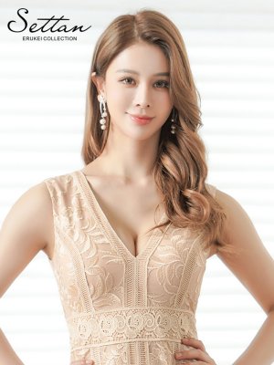 画像4: [送料無料][SETTAN]ベージュ・レッド・ホワイト・総レース・ノースリーブ・Vネック・ハイウエスト・タイト・マーメイド・ロングドレス[即日発送][大きいサイズあり]