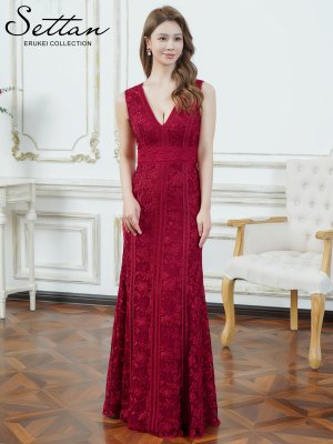 画像1: [送料無料][SETTAN]レッド・ベージュ・ホワイト・総レース・ノースリーブ・Vネック・総レース・ハイウエスト・タイト・マーメイド・ロングドレス[即日発送][大きいサイズあり]