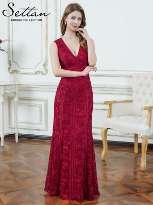 画像5: [送料無料][SETTAN]レッド・ベージュ・ホワイト・総レース・ノースリーブ・Vネック・総レース・ハイウエスト・タイト・マーメイド・ロングドレス[即日発送][大きいサイズあり]
