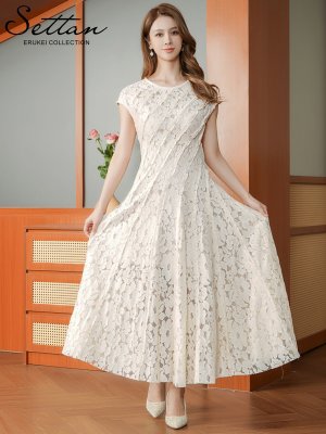 画像1: [送料無料][SETTAN]アイボリー・総レース・斜め切替・アシンメトリー・フレンチスリーブ・マキシ丈・Aライン・ロングドレス[即日発送][大きいサイズあり]