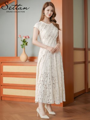 画像2: [送料無料][SETTAN]アイボリー・総レース・斜め切替・アシンメトリー・フレンチスリーブ・マキシ丈・Aライン・ロングドレス[即日発送][大きいサイズあり]