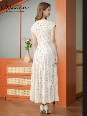 画像3: [送料無料][SETTAN]アイボリー・総レース・斜め切替・アシンメトリー・フレンチスリーブ・マキシ丈・Aライン・ロングドレス[即日発送][大きいサイズあり]