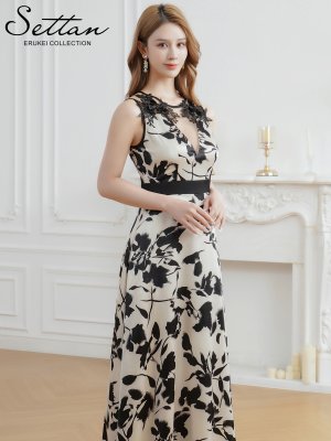 画像2: [送料無料][SETTAN]ブラック×ホワイト・モノトーン・リーフ柄・花柄・レースネック・Aライン・ノースリーブ・ロングドレス[即日発送][大きいサイズあり]