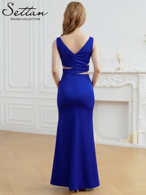 画像3: [送料無料][SETTAN]ロイヤルブルー・レッド・ホワイト・ワンカラー・ウエストカット・シンプル・Vネック・スリット・サイドスリット・マーメイド・ロングドレス[即日発送][大きいサイズあり]