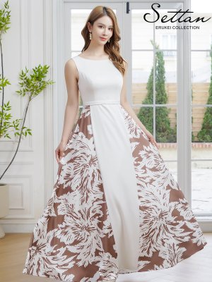 画像2: [送料無料][SETTAN]ホワイト×ブラウン・ノースリーブ・バイカラー・花柄・切替・ハイウエスト・フレア・Aライン・ロングドレス[即日発送][大きいサイズあり]