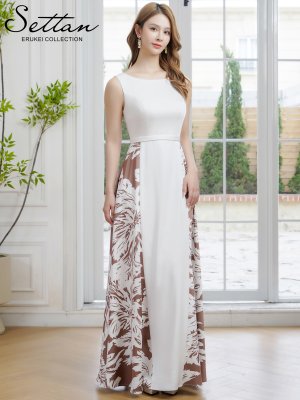 画像5: [送料無料][SETTAN]ホワイト×ブラウン・ノースリーブ・バイカラー・花柄・切替・ハイウエスト・フレア・Aライン・ロングドレス[即日発送][大きいサイズあり]