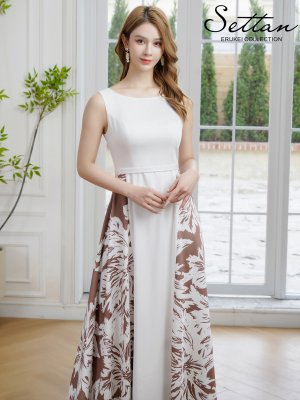 画像6: [送料無料][SETTAN]ホワイト×ブラウン・ノースリーブ・バイカラー・花柄・切替・ハイウエスト・フレア・Aライン・ロングドレス[即日発送][大きいサイズあり]