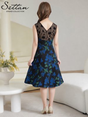 画像15: [送料無料][SETTAN]シルバー×ブラック・シルバー×ブルー・ブラック×ブルー・花柄・ジャガード・レース・ノースリーブ・Aライン・ミディアムドレス・ワンピース[即日発送][大きいサイズあり]