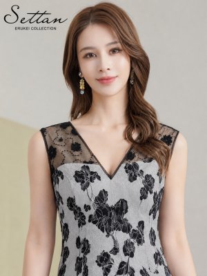 画像4: [送料無料][SETTAN]シルバー×ブラック・シルバー×ブルー・ブラック×ブルー・花柄・ジャガード・レース・ノースリーブ・Aライン・ミディアムドレス・ワンピース[即日発送][大きいサイズあり]