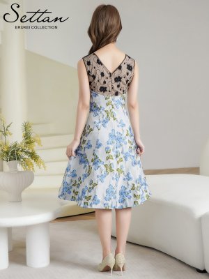 画像3: [送料無料][SETTAN]シルバー×ブルー・シルバー×ブラック・花柄・ジャガード・レース・ノースリーブ・Aライン・ミディアムドレス・ワンピース[即日発送][大きいサイズあり]