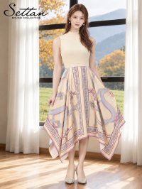 [送料無料][SETTAN]アイボリー×パープル・ブラック×ホワイト・スカーフ・切替・ヘムデザイン・ハイネック・ノースリーブ・Aライン・ミディアムドレス・ワンピース[即日発送][大きいサイズあり]