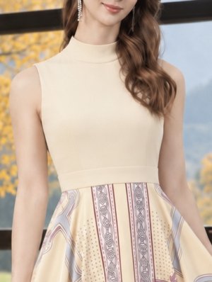 画像4: [送料無料][SETTAN]アイボリー×パープル・ブラック×ホワイト・スカーフ・切替・ヘムデザイン・ハイネック・ノースリーブ・Aライン・ミディアムドレス・ワンピース[即日発送][大きいサイズあり]