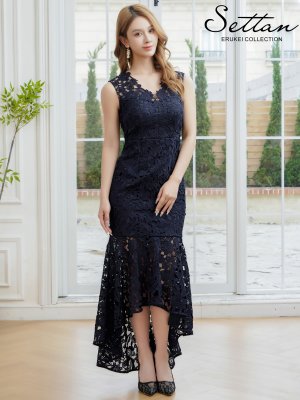 画像2: [送料無料][SETTAN]ネイビー・ピンク・総レース・シンプル・Vネック・ヘムライン・マーメイド・ミディアムドレス・ワンピース[即日発送][大きいサイズあり]