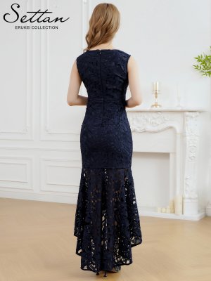 画像3: [送料無料][SETTAN]ネイビー・ピンク・総レース・シンプル・Vネック・ヘムライン・マーメイド・ミディアムドレス・ワンピース[即日発送][大きいサイズあり]