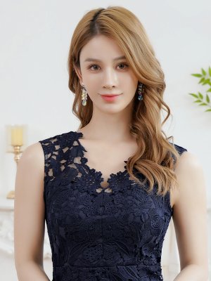 画像4: [送料無料][SETTAN]ネイビー・ピンク・総レース・シンプル・Vネック・ヘムライン・マーメイド・ミディアムドレス・ワンピース[即日発送][大きいサイズあり]