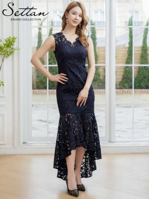 画像5: [送料無料][SETTAN]ネイビー・ピンク・総レース・シンプル・Vネック・ヘムライン・マーメイド・ミディアムドレス・ワンピース[即日発送][大きいサイズあり]