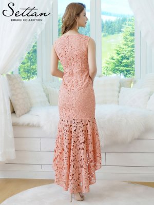 画像9: [送料無料][SETTAN]ネイビー・ピンク・総レース・シンプル・Vネック・ヘムライン・マーメイド・ミディアムドレス・ワンピース[即日発送][大きいサイズあり]