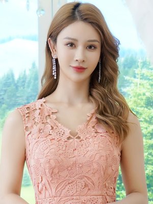 画像10: [送料無料][SETTAN]ネイビー・ピンク・総レース・シンプル・Vネック・ヘムライン・マーメイド・ミディアムドレス・ワンピース[即日発送][大きいサイズあり]