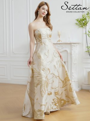 画像2: [送料無料][SETTAN]ベージュ×ゴールド・ホワイト×シルバー・レッド×ゴールド・ネイビー×シルバー・ベア・ジャガード・花柄・Aライン・スピンドル・ロングドレス[即日発送][大きいサイズあり]