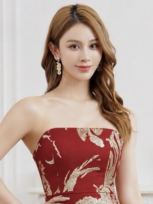 画像4: [送料無料][SETTAN]レッド×ゴールド・ネイビー×シルバー・ホワイト×シルバー・ベージュ×ゴールド・ベア・ジャガード・金糸・花柄・Aライン・スピンドル・ロングドレス[即日発送][大きいサイズあり]