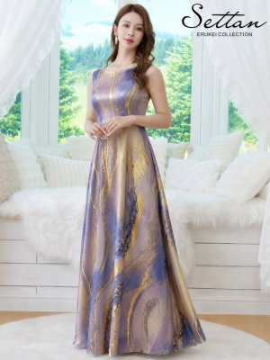 画像5: [送料無料][SETTAN]パープル×イエロー・ブルー×オレンジ・マーブルプリント・サテン・エレガント・ノースリーブ・Aライン・ロングドレス[即日発送][大きいサイズあり]