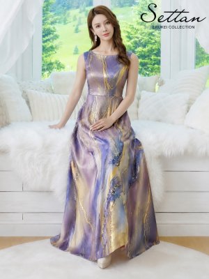 画像6: [送料無料][SETTAN]パープル×イエロー・ブルー×オレンジ・マーブルプリント・サテン・エレガント・ノースリーブ・Aライン・ロングドレス[即日発送][大きいサイズあり]