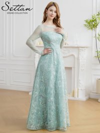 [送料無料][SETTAN]グリーン・ネイビー・花柄・シアー・チュールレース・スパンコール・長袖・ロングスリーブ・Aライン・フレア・ロングドレス[即日発送][大きいサイズあり]