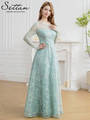 画像1: [送料無料][SETTAN]グリーン・ネイビー・花柄・シアー・チュールレース・スパンコール・長袖・ロングスリーブ・Aライン・フレア・ロングドレス[即日発送][大きいサイズあり]