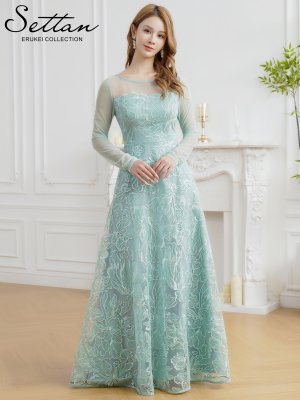 画像2: [送料無料][SETTAN]グリーン・ネイビー・花柄・シアー・チュールレース・スパンコール・長袖・ロングスリーブ・Aライン・フレア・ロングドレス[即日発送][大きいサイズあり]