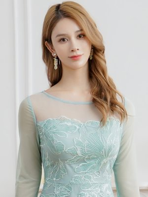 画像4: [送料無料][SETTAN]グリーン・ネイビー・花柄・シアー・チュールレース・スパンコール・長袖・ロングスリーブ・Aライン・フレア・ロングドレス[即日発送][大きいサイズあり]