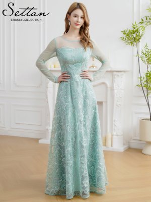 画像5: [送料無料][SETTAN]グリーン・ネイビー・花柄・シアー・チュールレース・スパンコール・長袖・ロングスリーブ・Aライン・フレア・ロングドレス[即日発送][大きいサイズあり]