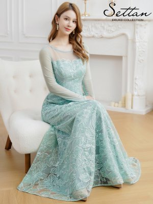 画像6: [送料無料][SETTAN]グリーン・ネイビー・花柄・シアー・チュールレース・スパンコール・長袖・ロングスリーブ・Aライン・フレア・ロングドレス[即日発送][大きいサイズあり]