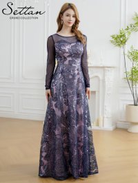 [送料無料][SETTAN]ネイビー・グリーン・花柄・チュールレース・スパンコール・長袖・ロングスリーブ・シアー・Aライン・フレア・ロングドレス[即日発送][大きいサイズあり]