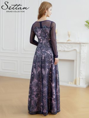 画像9: [送料無料][SETTAN]グリーン・ネイビー・花柄・シアー・チュールレース・スパンコール・長袖・ロングスリーブ・Aライン・フレア・ロングドレス[即日発送][大きいサイズあり]