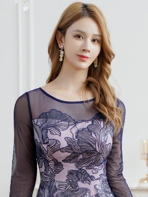 画像10: [送料無料][SETTAN]グリーン・ネイビー・花柄・シアー・チュールレース・スパンコール・長袖・ロングスリーブ・Aライン・フレア・ロングドレス[即日発送][大きいサイズあり]