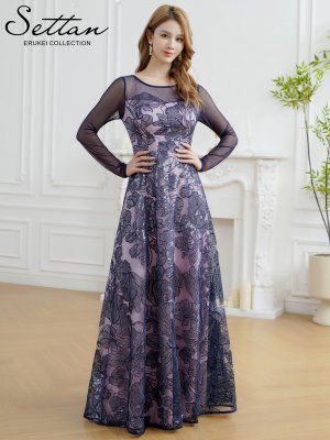 画像11: [送料無料][SETTAN]グリーン・ネイビー・花柄・シアー・チュールレース・スパンコール・長袖・ロングスリーブ・Aライン・フレア・ロングドレス[即日発送][大きいサイズあり]