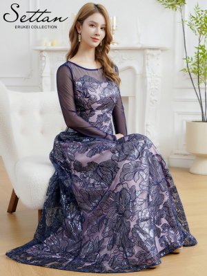 画像12: [送料無料][SETTAN]グリーン・ネイビー・花柄・シアー・チュールレース・スパンコール・長袖・ロングスリーブ・Aライン・フレア・ロングドレス[即日発送][大きいサイズあり]