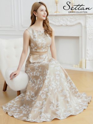 画像1: [送料無料][SETTAN]ベージュ・フラワープリント・花柄・ハイウエスト・ノースリーブ・ボートネック・Aライン・ロングドレス[即日発送][大きいサイズあり]