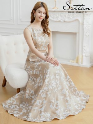 画像6: [送料無料][SETTAN]ベージュ・フラワープリント・花柄・ハイウエスト・ノースリーブ・ボートネック・Aライン・ロングドレス[即日発送][大きいサイズあり]