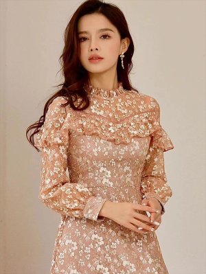 画像3: [送料無料][SETTAN]ブラウン・パープル・レース・長袖・Aライン・ミディアムドレス・ワンピース[即日発送][大きいサイズあり]