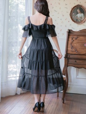 画像3: [送料無料][SETTAN]ブラック・フリル・飾りボタン・ラメ総レース・Aライン・オープンショルダー・ミディアムドレス・ワンピース[即日発送][大きいサイズあり]