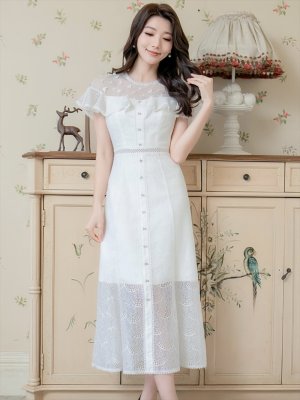 画像6: [送料無料][SETTAN]ホワイト・ブラック・総レース・シースルー・半袖・Aライン・ミディアムドレス・ワンピース[即日発送][大きいサイズあり]