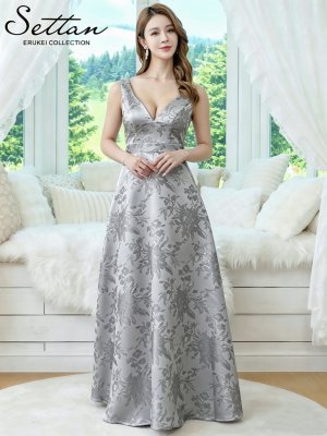 画像8: [送料無料][SETTAN]ピンク・ブラック・グレー・ジャガード・花柄・金糸・Vネック・ハイウエスト・ノースリーブ・フレア・Aライン・ロングドレス[即日発送][大きいサイズあり]