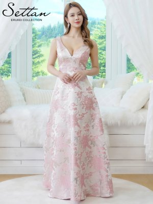 画像1: [送料無料][SETTAN]ピンク・ブラック・グレー・ジャガード・花柄・金糸・Vネック・ハイウエスト・ノースリーブ・フレア・Aライン・ロングドレス[即日発送][大きいサイズあり]