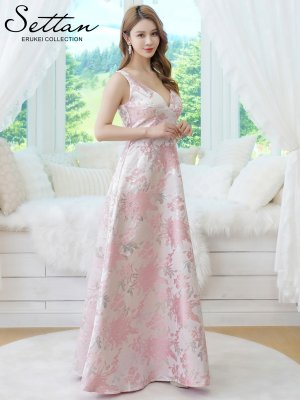 画像2: [送料無料][SETTAN]ピンク・ブラック・グレー・ジャガード・花柄・金糸・Vネック・ハイウエスト・ノースリーブ・フレア・Aライン・ロングドレス[即日発送][大きいサイズあり]